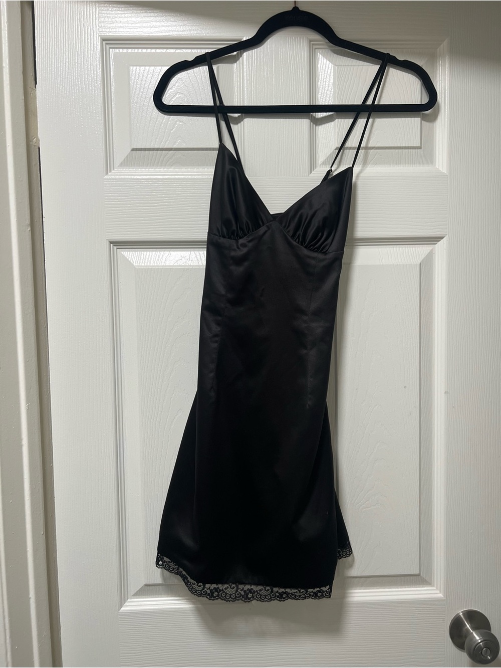 Satin Black Mini Slip Dress with Lace Hem